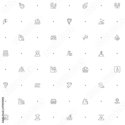 Seamless pattern with disaster and storm icon on white background. Included the icons as fire, landslide, flood, drought, Natural Disaster, tornado, lighting, fog, forest fire, tsunami, hurricane