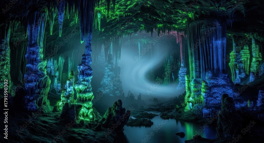 Fototapeta premium Illuminated Cave: Mystical Stalactites and Stalagmites with Glowing Colors