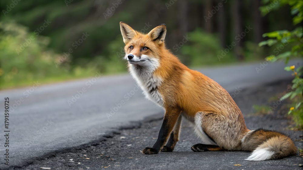 Naklejka premium red fox vulpes on road side of jungle