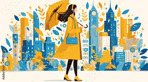 Frau mit Regenschirm genießt den bunten Herbst in einer stilisierten Stadtlandschaft mit Gebäuden und Pflanzen.