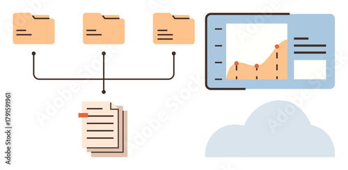File folders linked to documents, cloud icon, and data chart on screen reflect data organization, cloud storage, collaboration, analytics, and communication. Ideal for business, technology
