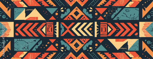 Abstrakte geometrische Vektor-Muster im Stammesstil mit warmen Farben auf dunklem Hintergrund.