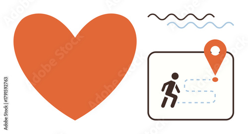 Orange heart next to person icon running on map with dashed path and location pin. Ideal for health, fitness, wellness, navigation, planning, journey, love for exercise. Simple flat metaphor