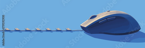 Eine Computermaus zieht eine Spur von kleinen Symbolen auf blauem Hintergrund, Vektor-Grafik