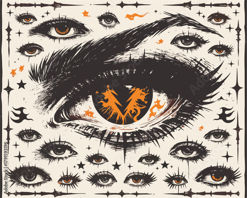 Vektor-Illustration eines mystischen Auges mit vielen kleinen Augen, Sternen und Flammen