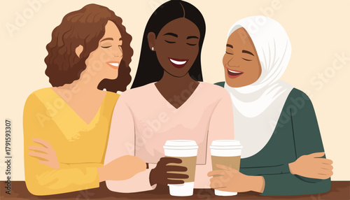 Drei multikulturelle Frauen lachen und halten Kaffeebecher, die Vielfalt und Freundschaft feiern.