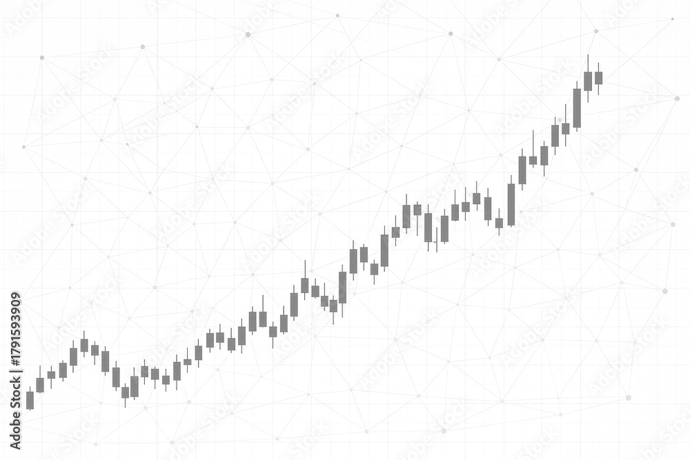 Naklejka premium Candlestick chart pattern with an upward trend and network graph overlay, financial data analysis