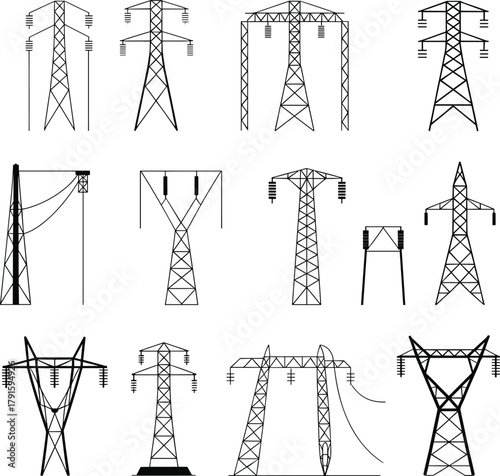 Set of black and white technical illustrations of electrical transmission towers and pylons showing power grid structures and designs