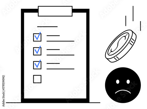 Checklist with marked and unmarked boxes, falling coin, and sad face conveying financial planning, risk assessment, or rejection. Ideal for finance, budgeting, decision making, evaluation failure