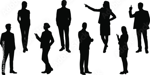 Set of black silhouettes of business people standing, talking, and gesturing, isolated on white background, professional teamwork concept