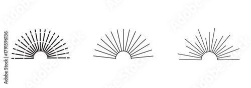 Collection of hand drawn boho sunburst and sunrise icons Radial fireworks burst, sunset and sunrise, star beams, sparkle elements. eps 10