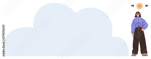 Youth wearing stylish purple hoodie and brown baggy pants stands beside large cloud. Media playback controls visible above, suggesting streaming or cloud storage. Ideal for fashion, music