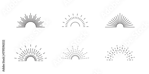 Collection of hand drawn boho sunburst and sunrise icons Radial fireworks burst, sunset and sunrise, star beams, sparkle elements. eps 10