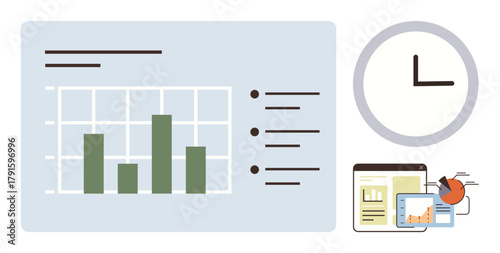 Bar chart on blue background, clock on the side, and digital screens displaying reports and pie charts. Ideal for data analysis, business strategy, productivity, time tracking, reporting, planning