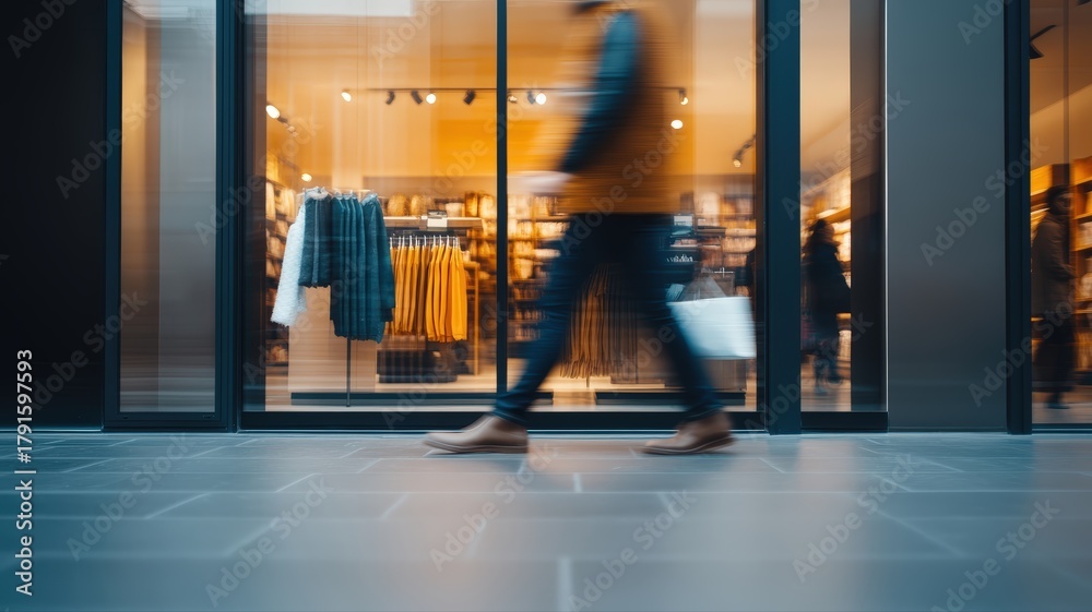 Obraz premium Urban retail storefront with large windows and display, featuring stylish clothing and footwear, in busy shopping area