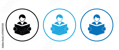 Reading book icon set. Reader, education, learning, studying. Reading book symbol on white background, vector illustration