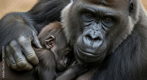 A gentle adult gorilla tenderly holds a baby gorilla in a close-up portrait with warm