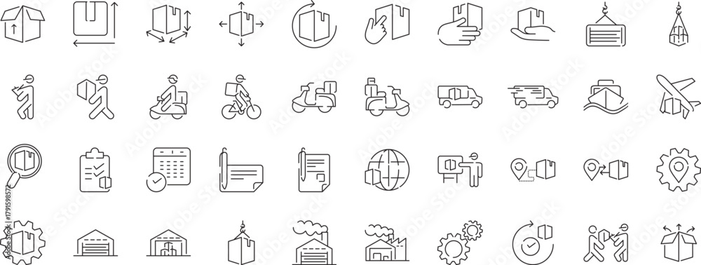 Fototapeta premium Collection Shipping Package Delivery Icons: Box, Truck & Logistics Set
