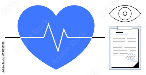 Blue heart with heartbeat pattern, document clipboard with signature, and eye symbol. Ideal for health monitoring, cardiology, medical reports, patient care, health records, diagnostics simple flat