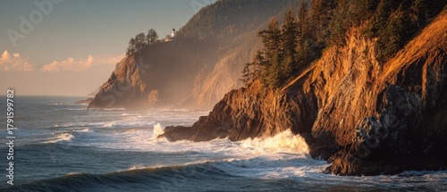 Coastal Majesty: Waves Crashing Against Rocky Cliffs with Lighthouse in Distance