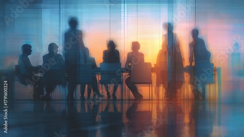 Group of businesspeople negotiating gathered in modern conference room, blurred silhouettes view, meeting behind closed glass doors. AI Generated Images. High quality