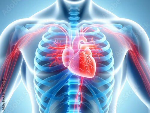 Anatomical illustration of the human heart and circulatory system