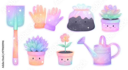 Cute Gardening Tools and Plants with Colorful Glittery Style Illustration
