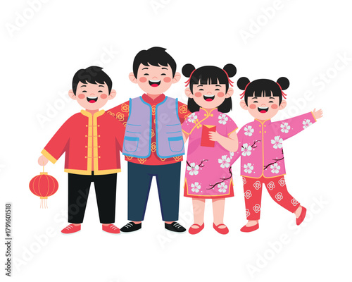 Cute Chinese children wearing traditional red and pink outfits happily celebrating Lunar New Year together symbolizing friendship joy and festive cultural celebration in flat kawaii style