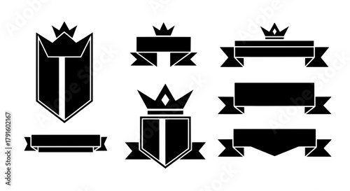 A collection of black vector heraldic elements. Includes modern crowns, shields, and ribbon banners for creating royal logos, luxury brand emblems, and awards.
