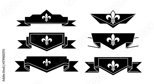 A collection of black vector banners and shields featuring the classic fleur-de-lis. Perfect for creating heraldic logos, vintage emblems, or royal branding.