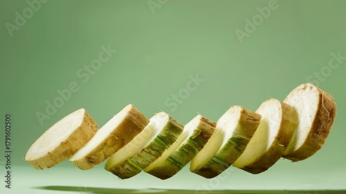 Sliced root vegetable floating in green background