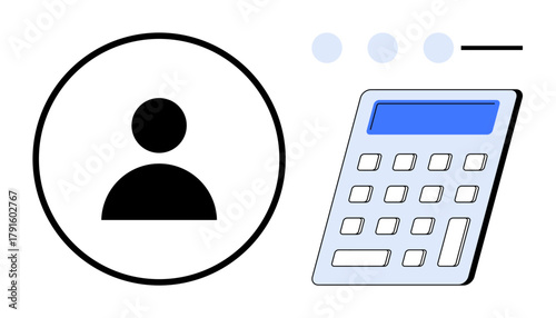 User icon next to a calculator with minimalistic design, representing calculations and analytics. Ideal for finance, budgeting, accounting, analytics, fintech, user interface, and digital tools