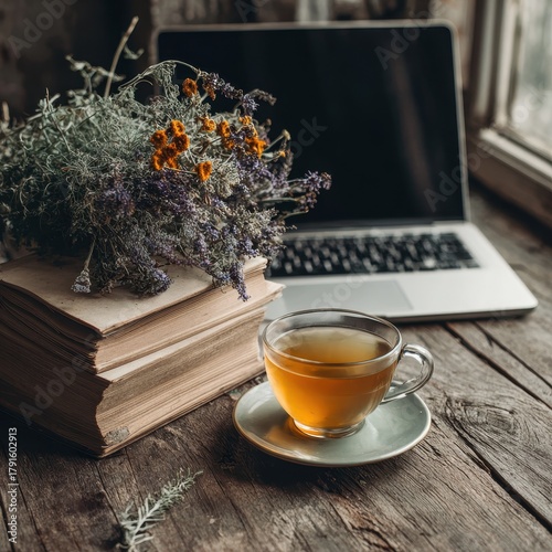 Cozy autumn scene with herbal tea, vintage books, dried flowers, and a laptop on a rustic wooden table.