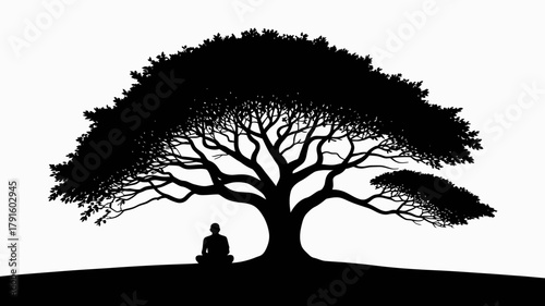 Silhouette of a person meditating under a large tree for zen and mindfulness practices and nature art