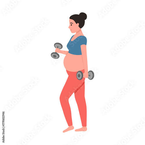 Pregnant woman exercising with dumbbells. Pregnant woman doing exercise. The concept of maternal health care.