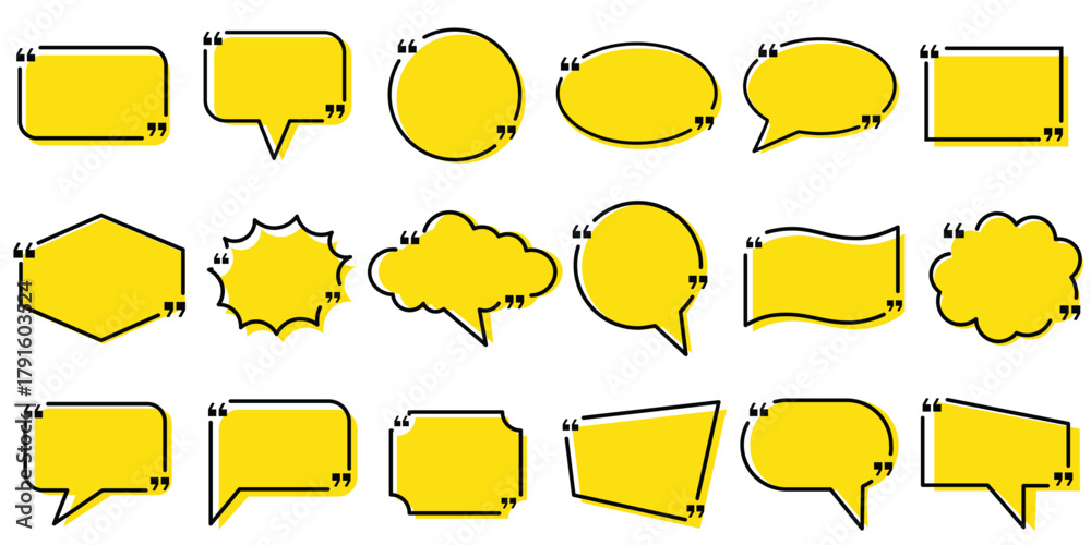 Naklejka premium Yellow quotes bubbles collection with dialogue balloons, chat boxes and communication shapes for conversation and messaging vector illustration