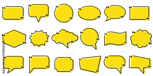 Yellow quotes bubbles collection with dialogue balloons, chat boxes and communication shapes for conversation and messaging vector illustration