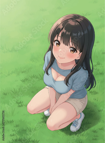 芝生にしゃがみこちらを見上げる女性-Adobe Illustrator Artwork