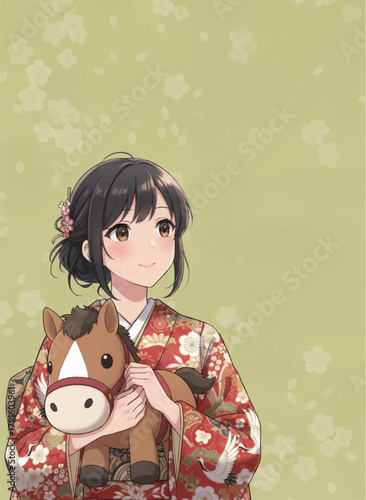 コピースペースを設けたお正月イラスト。和服の女子高生と干支の馬のぬいぐるみ-Adobe Illustrator Artwork