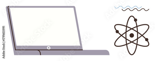 Minimalistic laptop and atom design symbolize technology, science, education, innovation, and knowledge-sharing. Ideal for STEM topics, e-learning, tech, innovation modern learning platforms