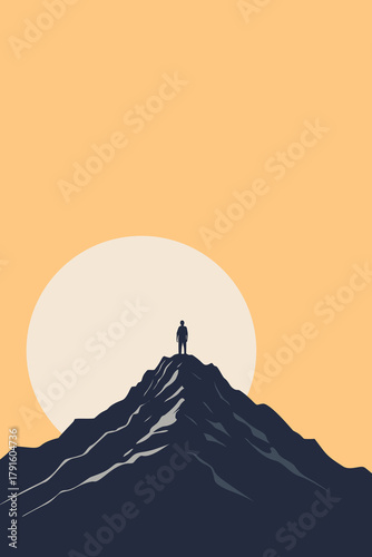 Minimalist illustration of a lone figure standing on a mountain peak at sunrise, symbolizing achievement, ambition, personal growth, determination, and reaching new heights.