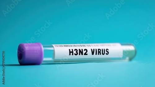 Close-up of H3N2 virus test tube with purple cap and labeled packaging on cyan background, showcasing clinical laboratory aesthetics and influenza research concept in clean minimalist style