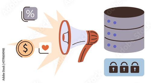 Megaphone spreading icons of percentage, dollar, and heart leading to a server stack with locks. Ideal for marketing, data security, analytics, finance, audience engagement, advertising
