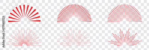 Minimalist abstract vintage half sunset, sunrise beams, sun raises, burst symbols. Retro red logo, tattoo design templates. Retro Red Sun Burst Design. Vintage sunburst. EPS 10. 