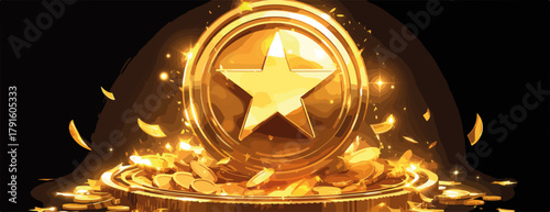 Goldener Stern auf Podest mit Münzen und Partikeln, Vektor, Glücksspiel, Erfolg, Belohnung, Auszeichnung