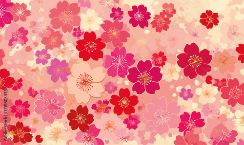 Vektor-Hintergrund mit vielen Kirschblüten in verschiedenen Rosatönen und Rottönen, abstrakt und dekorativ.