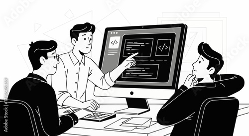 Three people collaborating on a computer screen showing code.