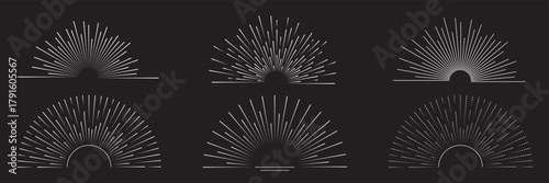 Vintage sunburst collection. Bursting sun rays. Fireworks. Logotype or lettering design element. Radial sunset beams. Vector illustration. Black and Gold Vintage sunburst. Best Collection. EPS 10.