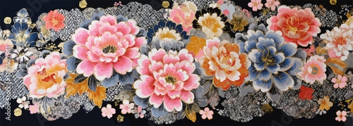 Vektor illustration von Pfingstrosen und Kirschblüten auf dunklem Hintergrund, traditionelles Muster