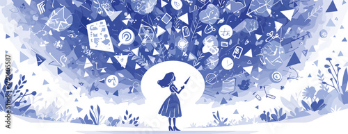 Junge Frau mit Smartphone in blauer, abstrakter Traumwelt voller Symbole und Ideen